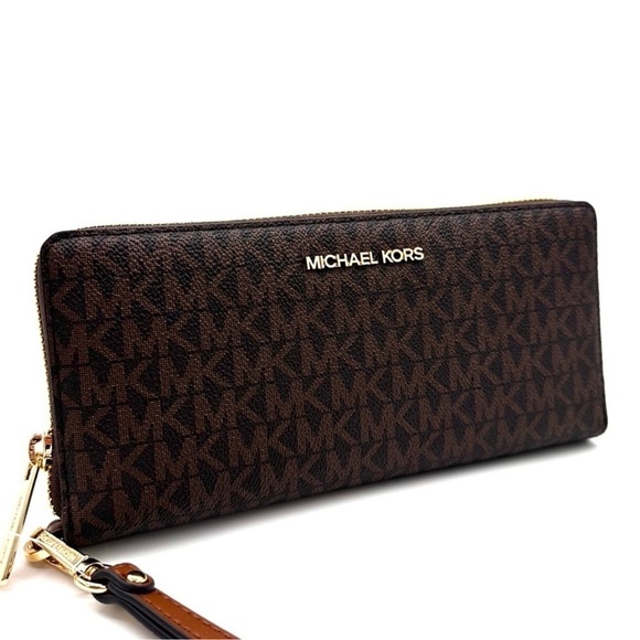 Michael Kors Large Continental Wallet Wristlet Leather Brown - Picture 1 of 8